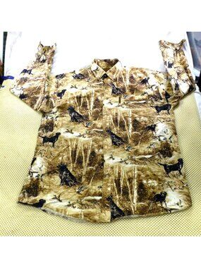 North River Mens Hunting-Themed Button-Up Shirt L 100% Cotton Brown Dogs & Ducks